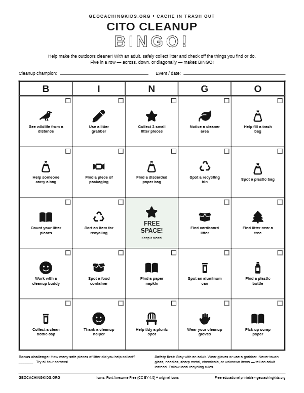 First-page preview of CITO Cleanup Bingo – 20 Randomized Printable Cards