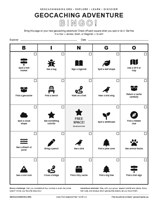First-page preview of Geocaching Hiking Adventure Bingo – 20 Randomized Printable Cards