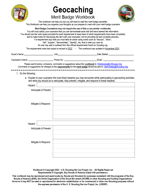 First-page preview of Geocaching Merit Badge Workbook