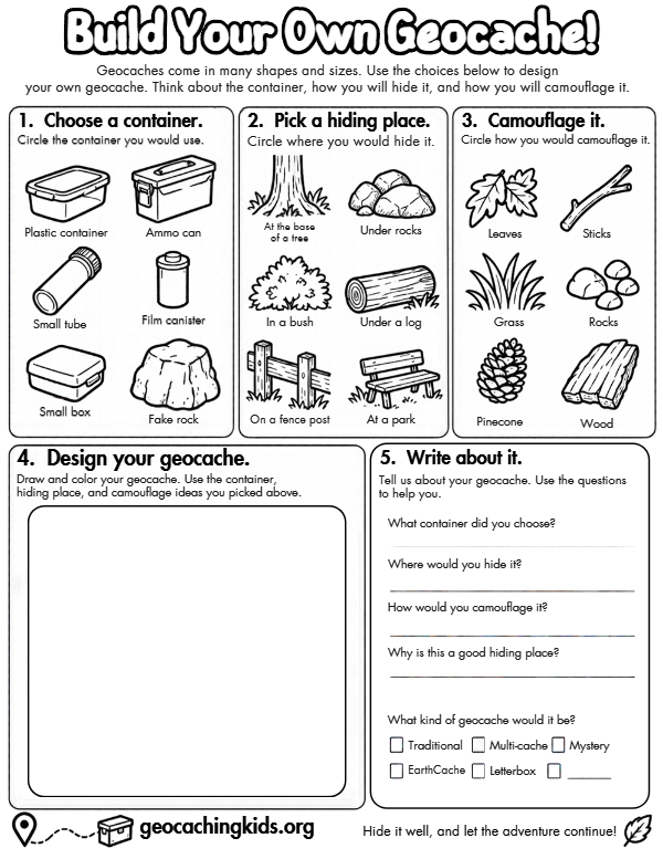 First-page preview of Build Your Own Geocache! – Creative Design Worksheet for Kids