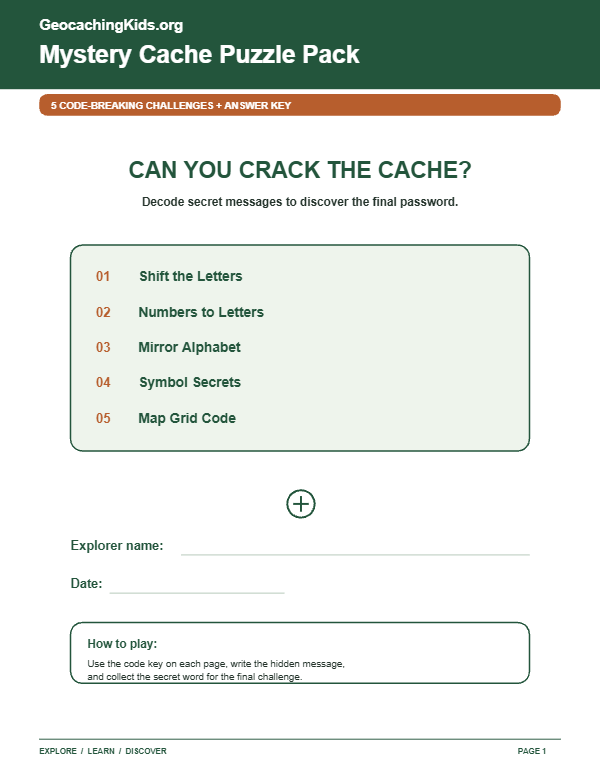 First-page preview of Mystery Cache Puzzle Pack – 5 Secret Code Challenges