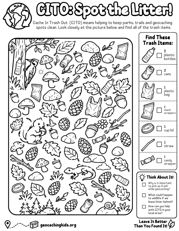First-page preview of CITO: Spot the Litter! – Geocaching Cleanup Activity for Kids